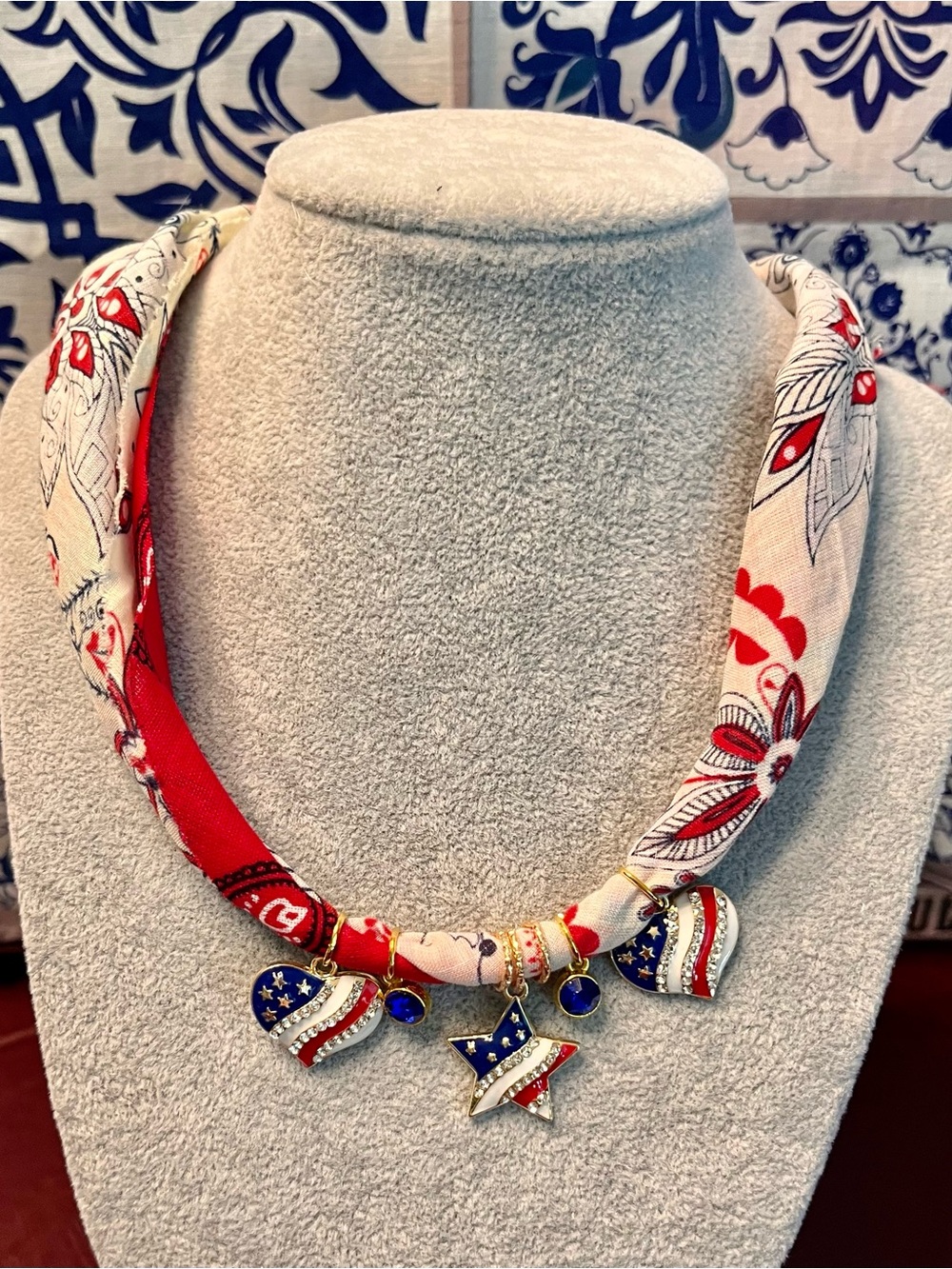 Red & Beige Patriotic Boho Bandana Charm Necklace Dual Bandanas with Charms